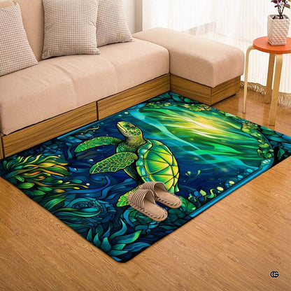 Overhead layout view of the rectangular stained glass sea turtle mosaic coastal area rug - thumbnail image 7 of 7