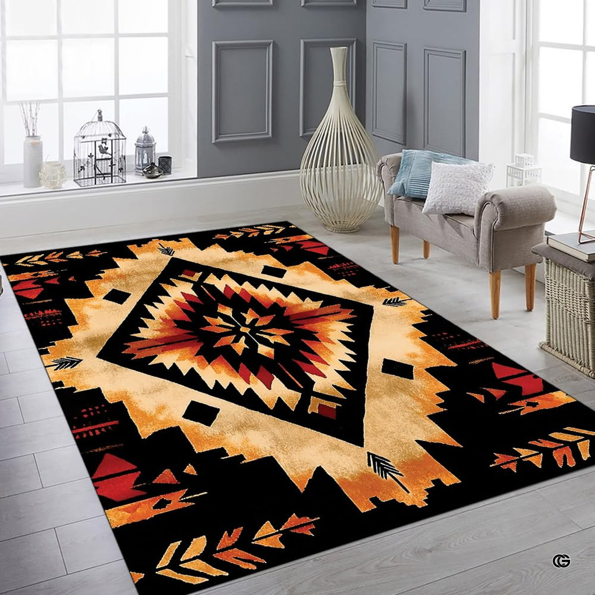 Angle display of earth-toned tribal geometric floor rug highlighting sharp black and orange contrast.