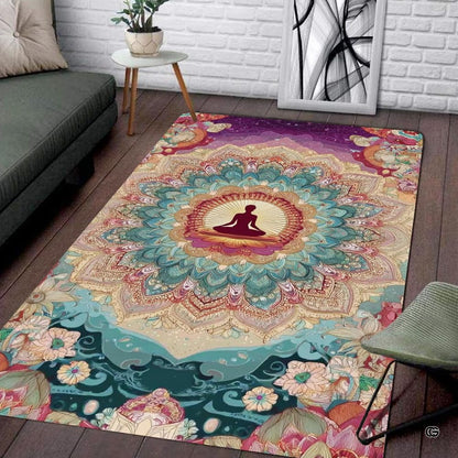 Overhead floor layout view of the meditating yoga silhouette mandala lotus area rug - thumbnail image 7 of 8