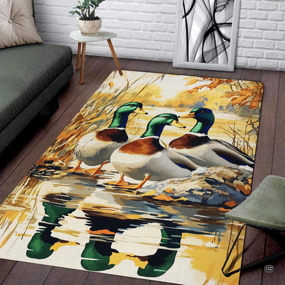 Mallard duck marsh wildlife print area rug displayed flat showing emerald green reeds and earthy colors.