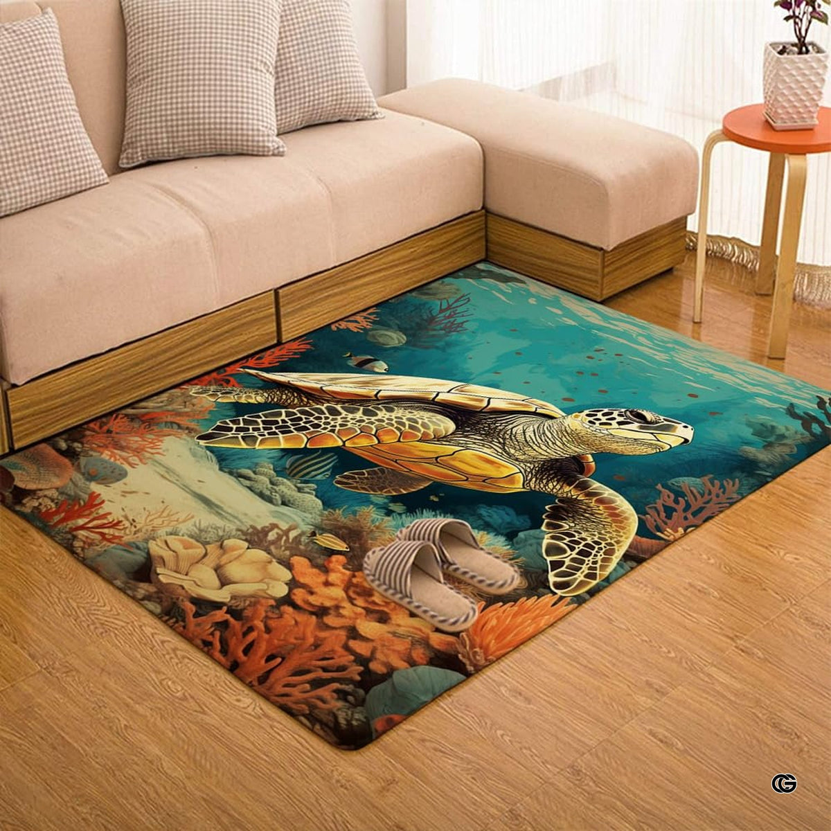 Direct overhead view highlighting the full rectangular golden sea turtle coral reef area rug - image 7 of 7
