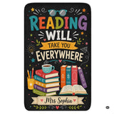 Reading will take you everywhere books rectangular area rug on chalkboard black.