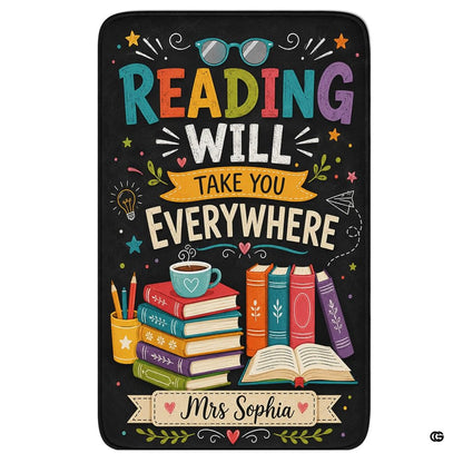 Reading will take you everywhere books rectangular area rug on chalkboard black. - thumbnail image 1 of 7
