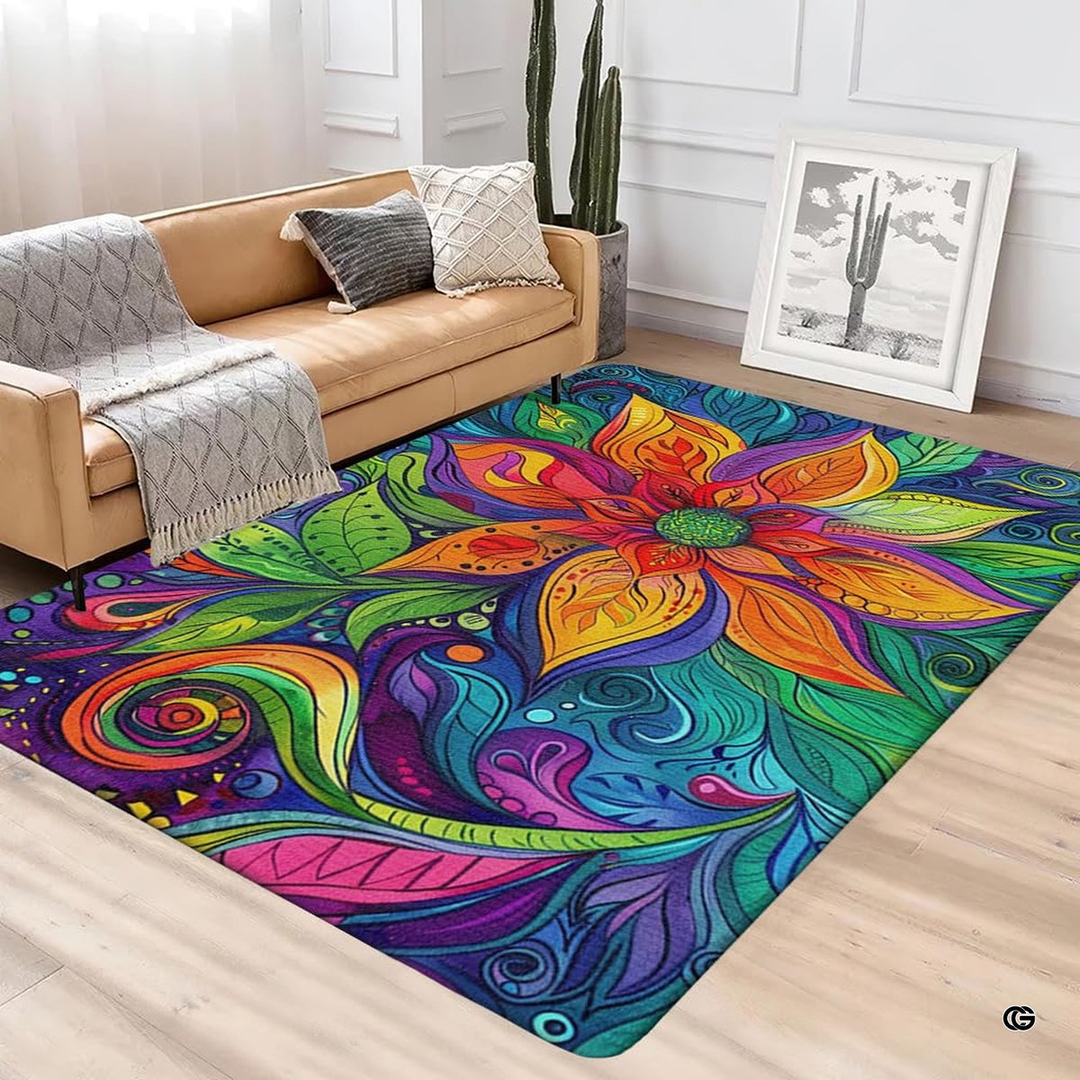 Anti-slip dot backing and clean hemmed edge stitching on paisley flower boho rug