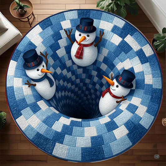 Isolated top-down view of round area rug featuring a blue checkered vortex tunnel and three cartoon snowmen.