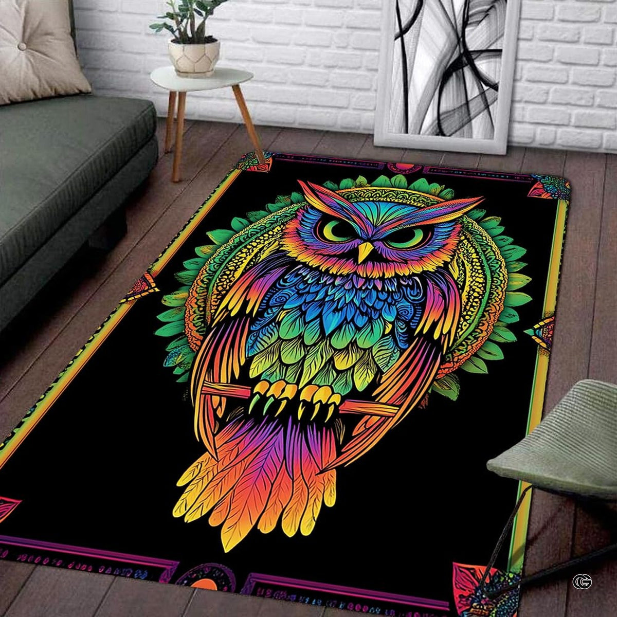 Symmetrical bohemian border patterns and ornate corner motifs framing the central psychedelic avian visual.