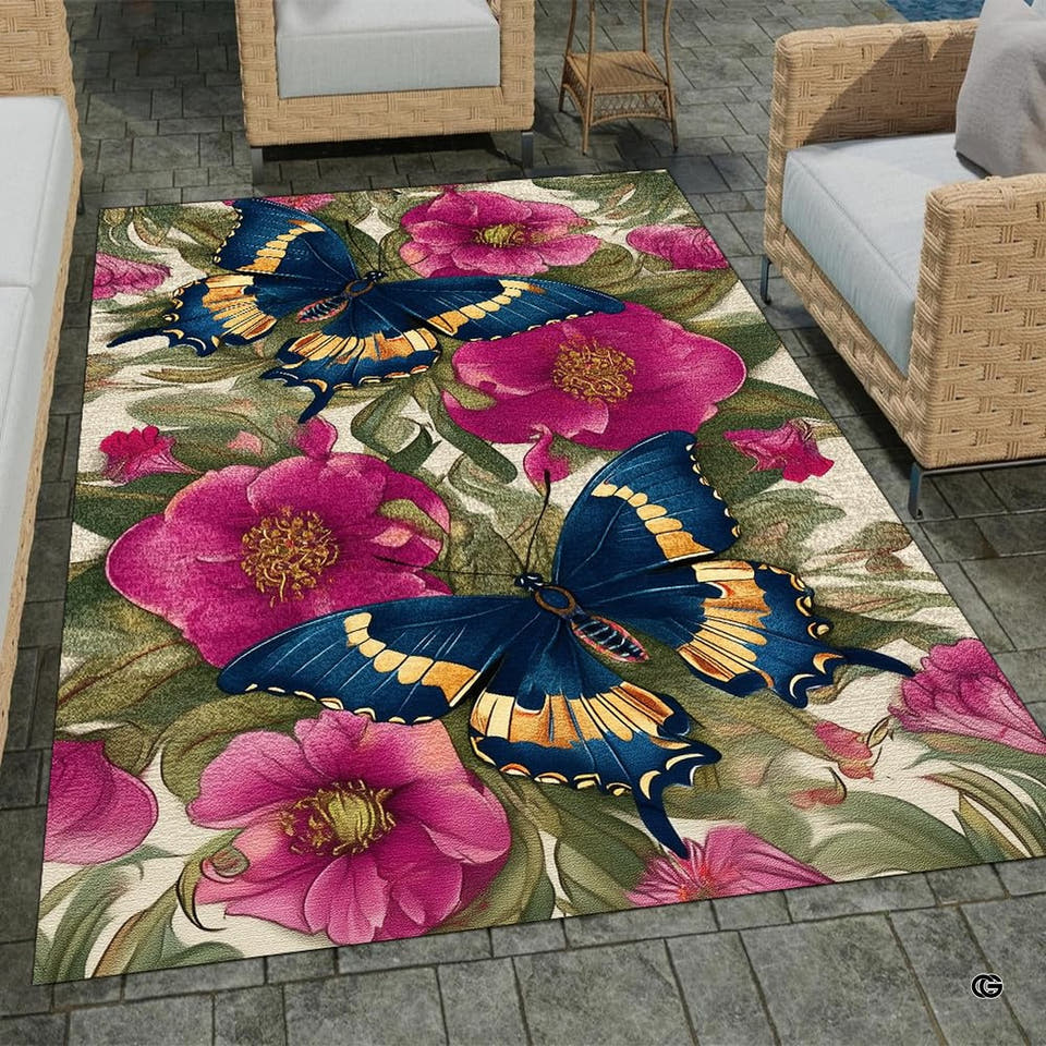 Blue swallowtail butterfly area rug displayed on stone patio flooring.