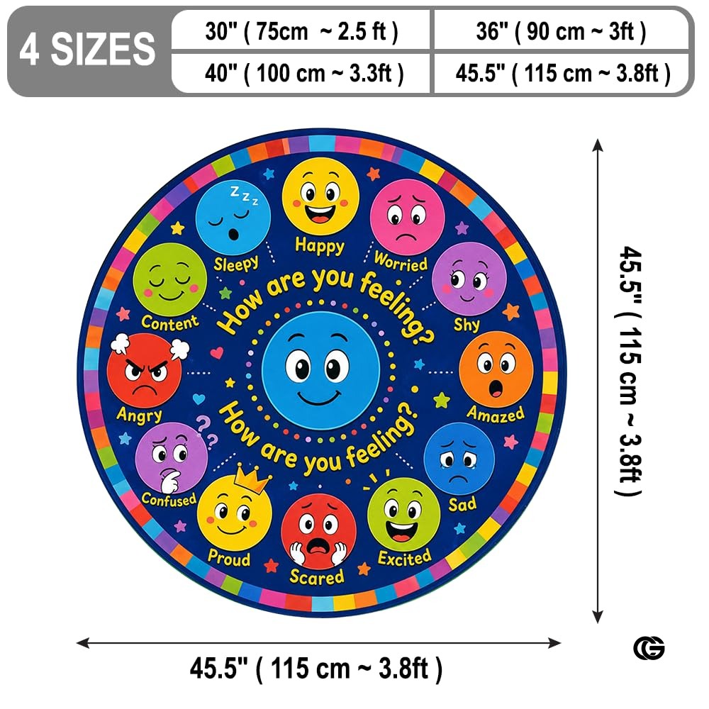 Wheel of Feelings and Emotions Round Rug, Educational Mental Health Rug for Classroom, Educational Animal Shape School Mat, Back to School Gift (Emotion 1)