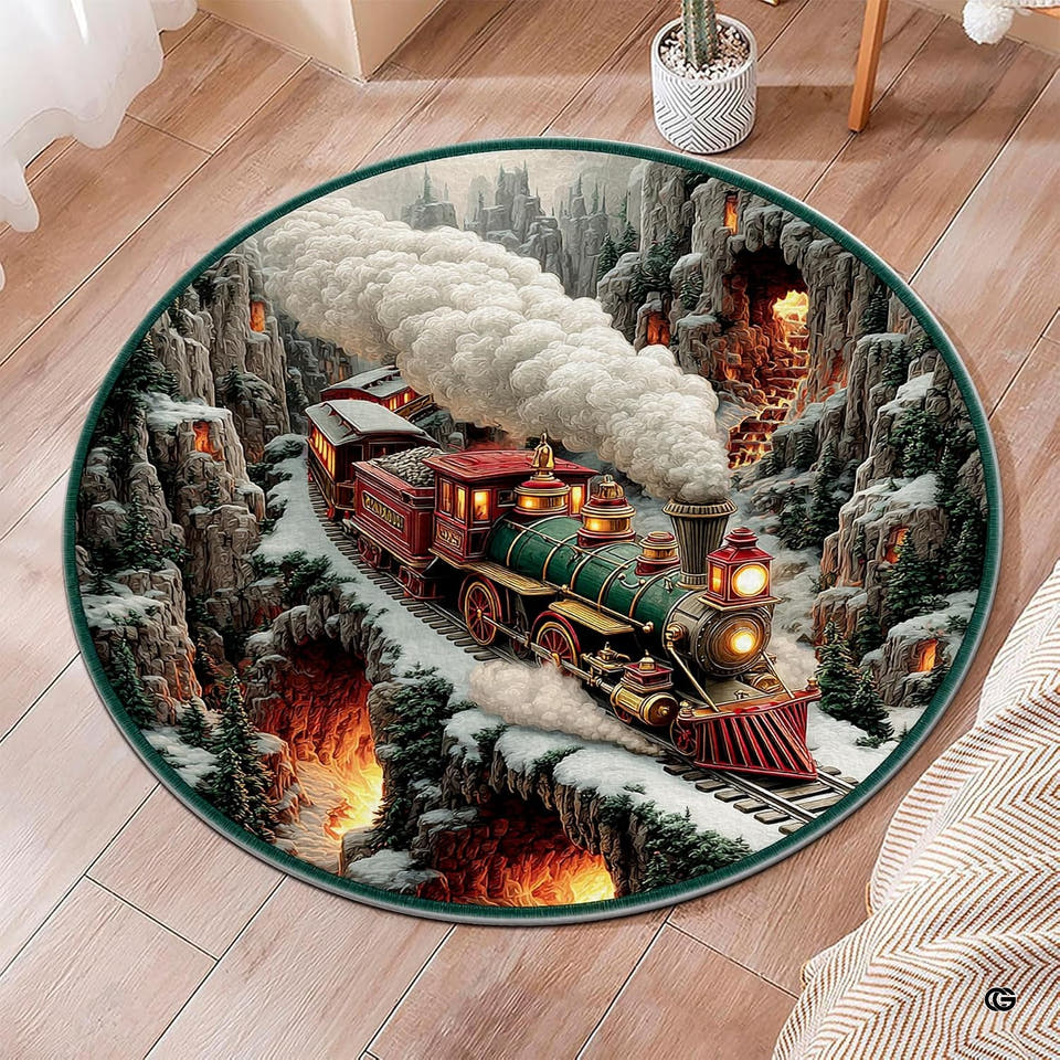 Vintage steam train mountain canyon circular area rug in top overhead view