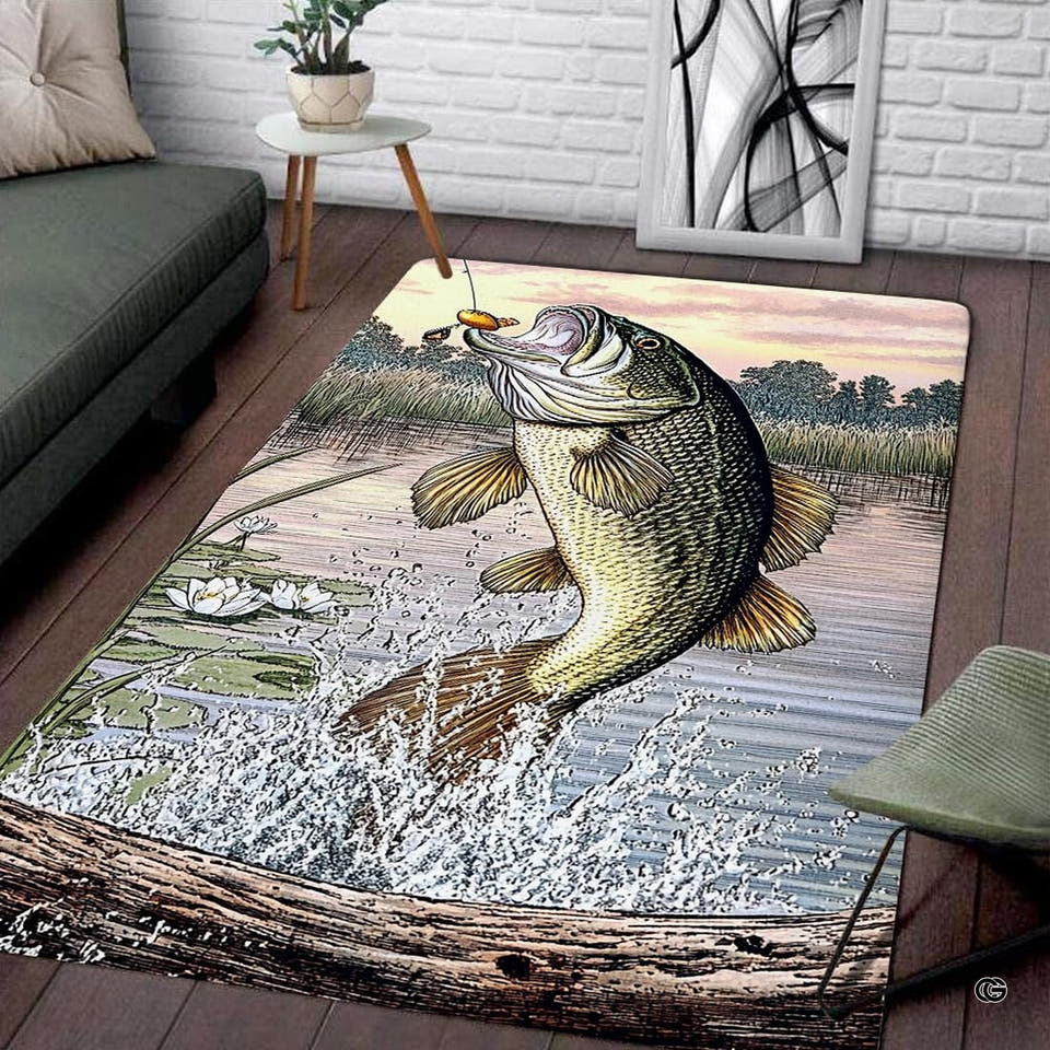 Vintage bass fishing water lily pond area rug - view 1
