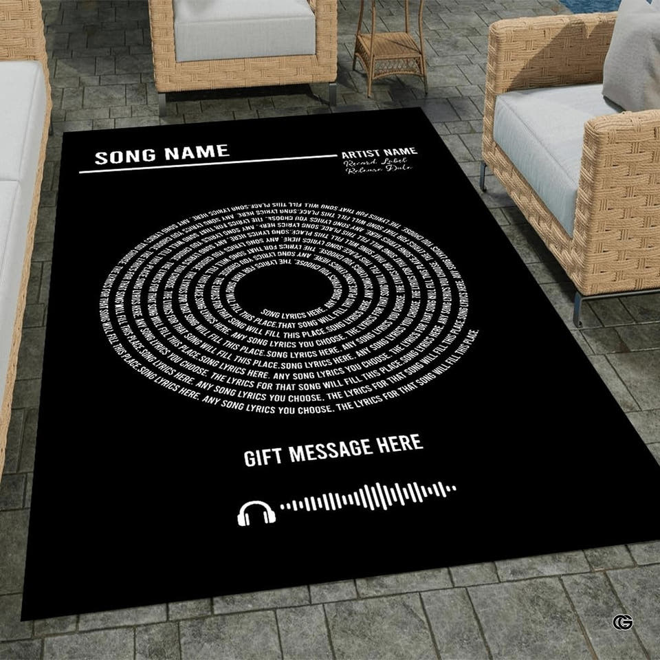 Spiral vinyl grooves headphone soundwave graphic area rug in primary perspective