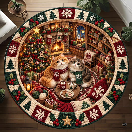 Christmas fireplace cats holiday 3d illusion area rug - view 1