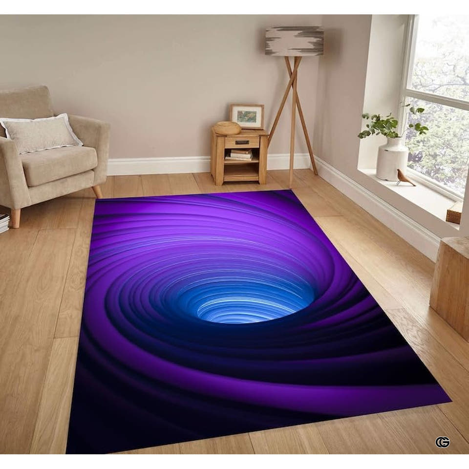 Living room corner view showing the rectangular 3D purple vortex optical illusion area rug on wood flooring.