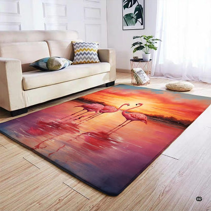 Overhead perspective of coastal sunset area rug displaying graceful flamingos decorative accent vibrant twilight gradients. - thumbnail image 2 of 7