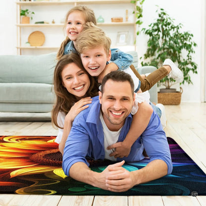 Rainbow spectrum sunflower area rug styled in modern living room setting - thumbnail image 5 of 7
