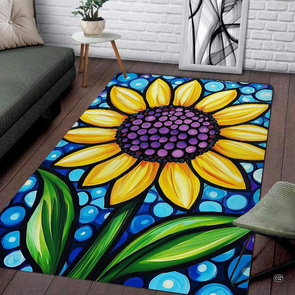 Vibrant sunflower floral mosaic rug displayed flat showing stained glass petal patterns and cobalt accents.