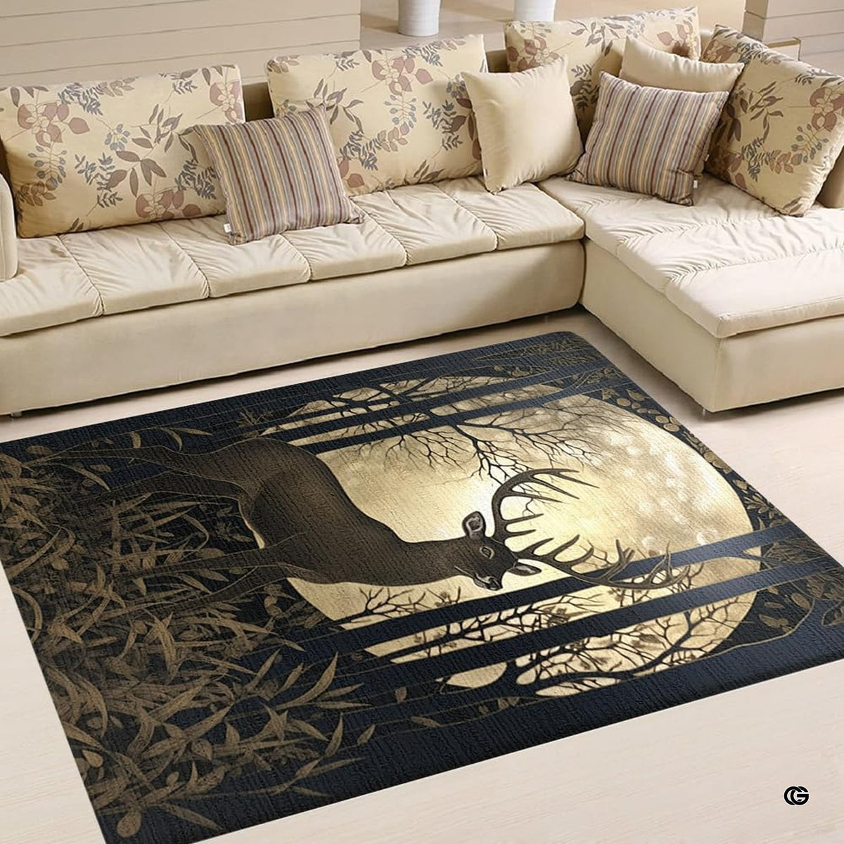 Classroom area rug with an antique gold stag deer design surrounded by wild woodland foliage.