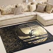 Classroom area rug with an antique gold stag deer design surrounded by wild woodland foliage. - thumbnail image 2 of 7