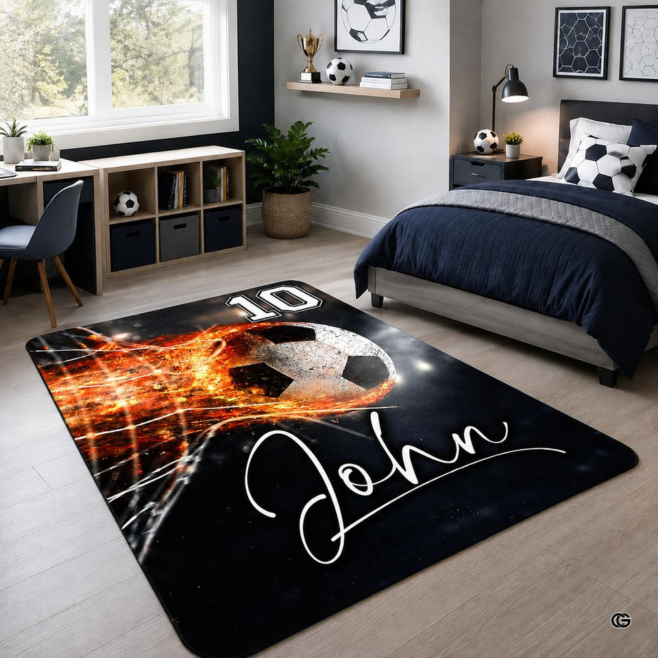 Fiery soccer ball area rug showcasing vibrant orange flames hitting a goal net under night stadium lights.