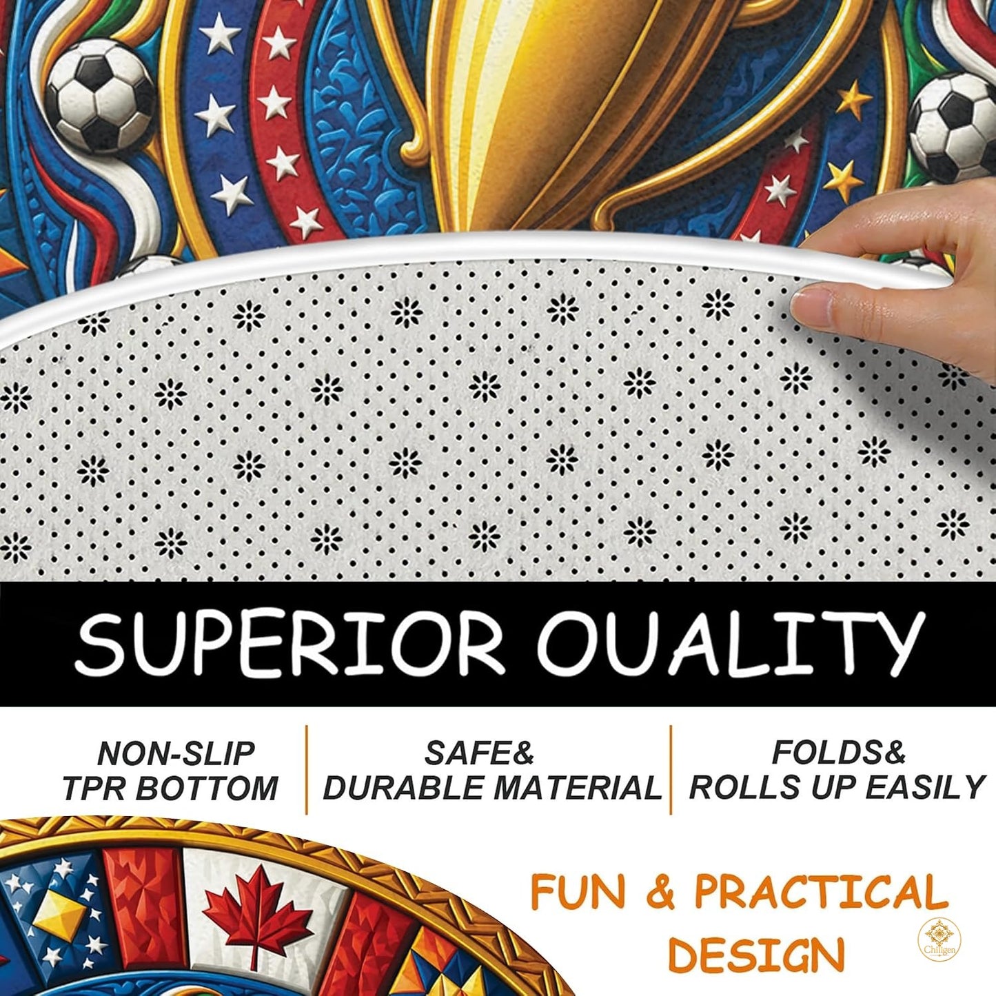 Custom Soccer Championship Round Rug with Trophy and Flag Details