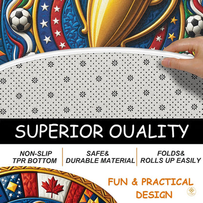 Custom Soccer Championship Round Rug with Trophy and Flag Details