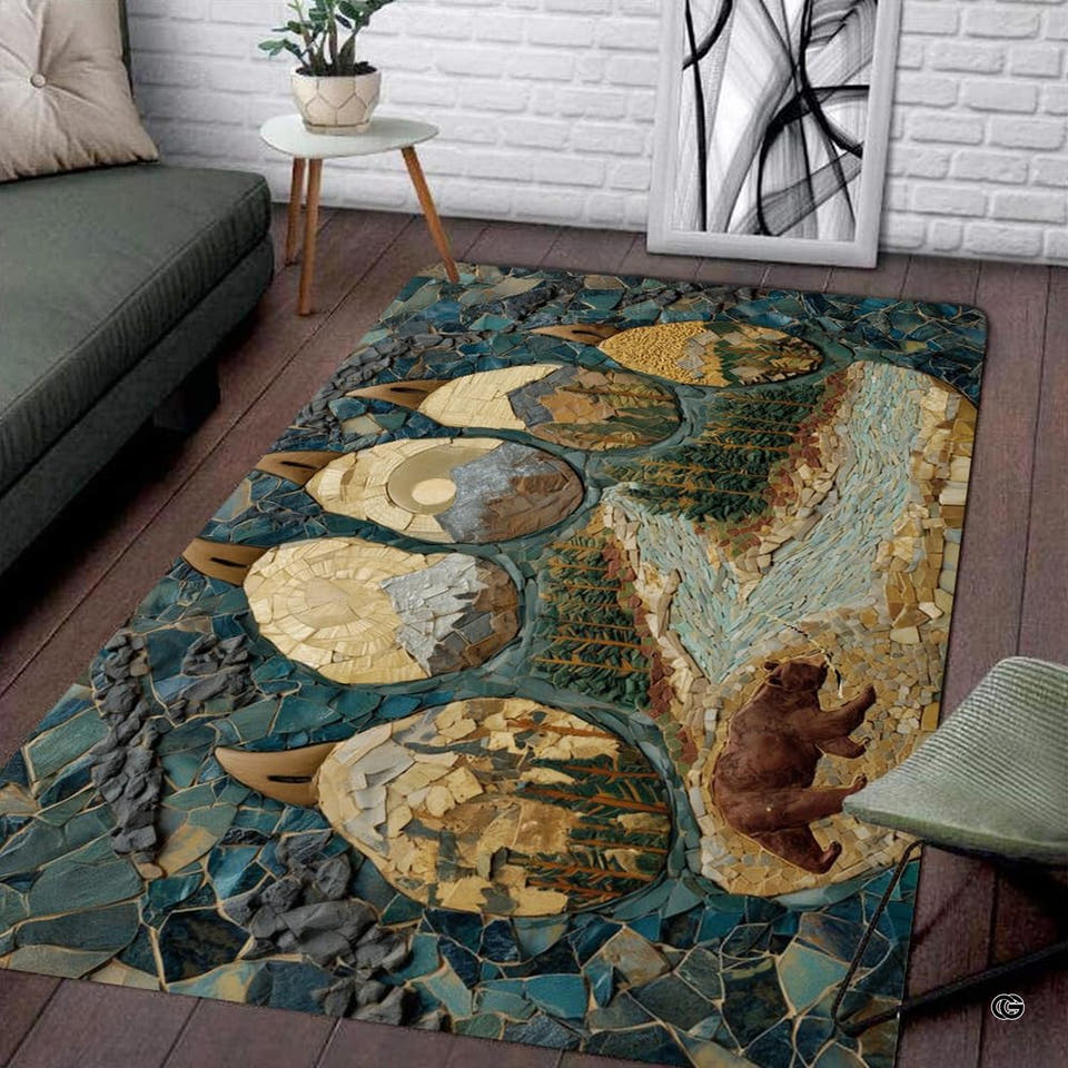 Rustic mosaic bear paw print area rug featuring woodland scenery on dark wood floor