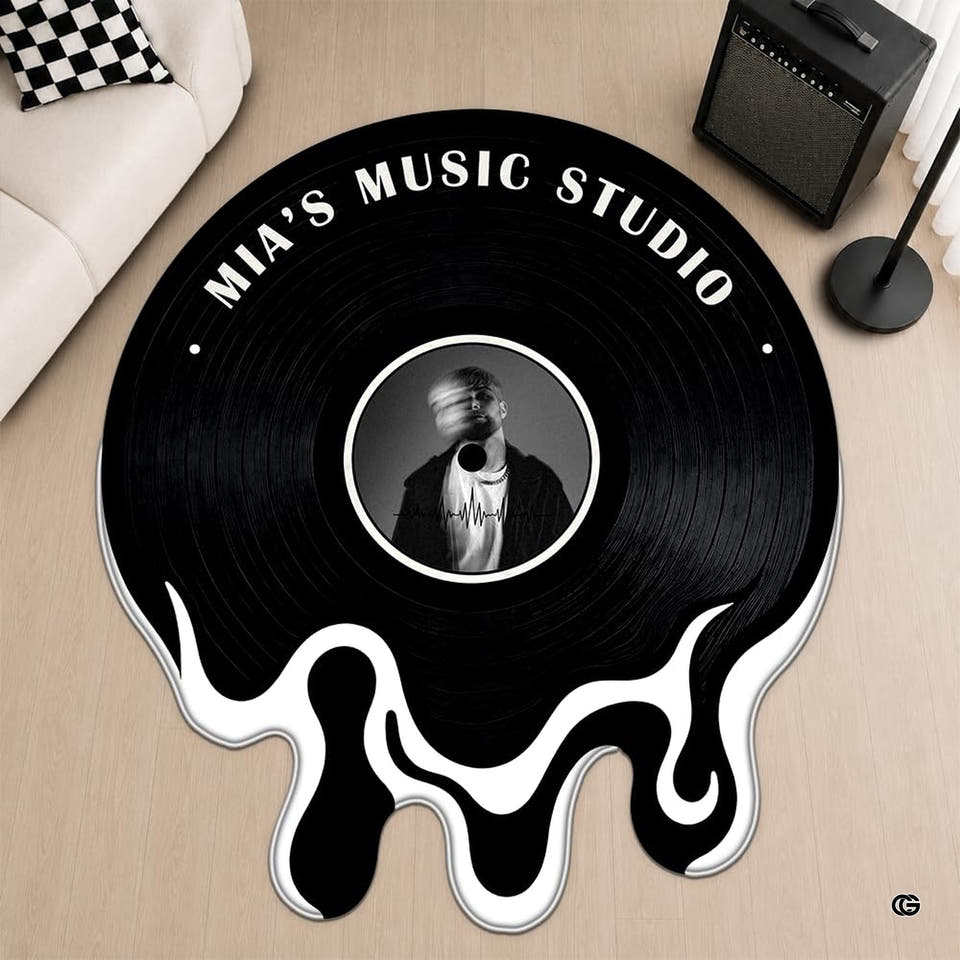 Melting black vinyl record rug in a bright music room