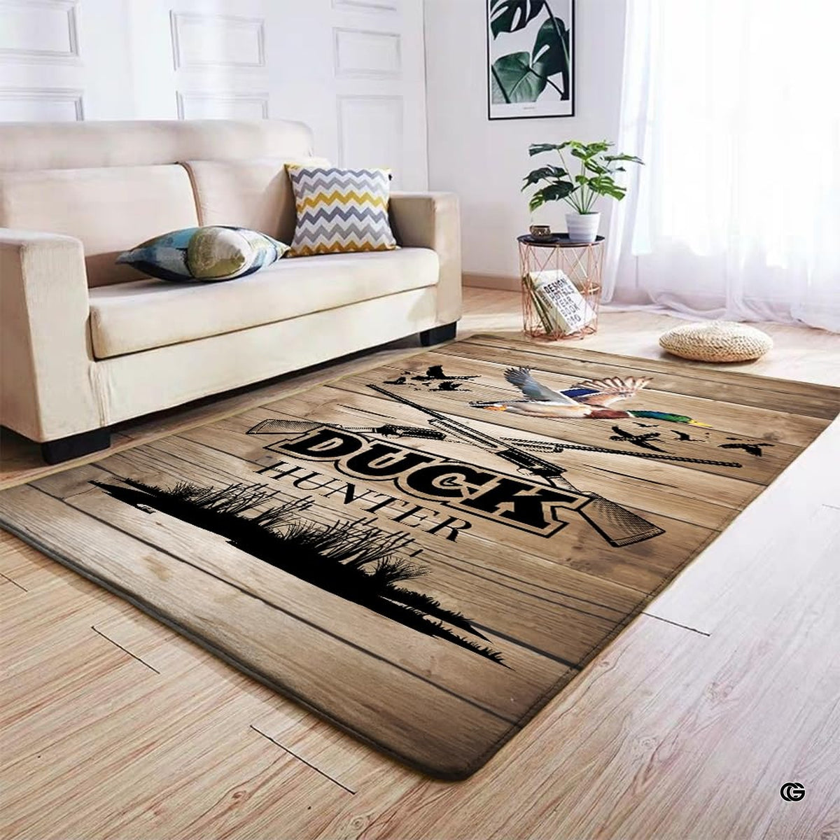 Detailed view of the airborne mallard decorative accent illustration on a wood grain area rug.