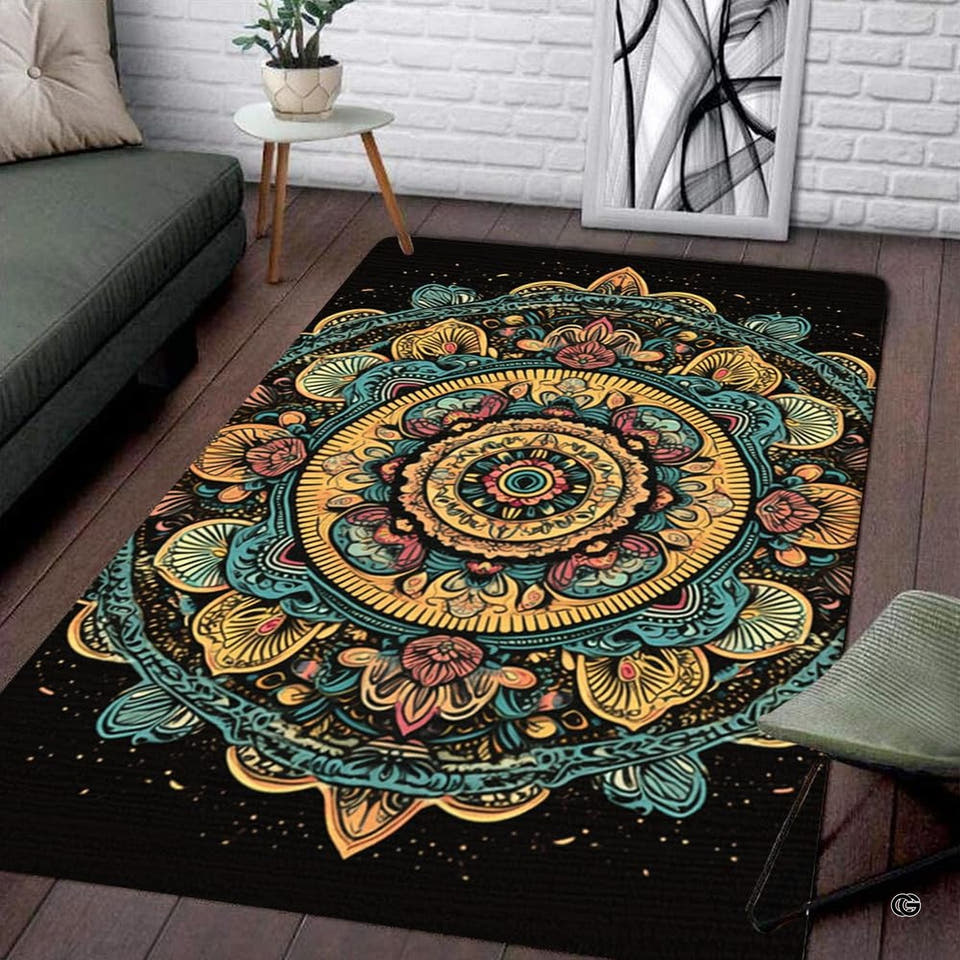 Ornate circular mandala Area Rug showcasing concentric floral motifs in gold, teal, and coral pink on black.