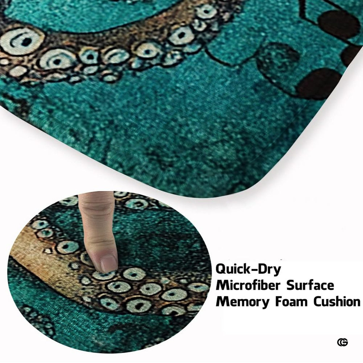 Overhead perspective of kraken sea creature floor puzzle artwork on a nautical rug.