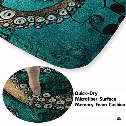 Overhead perspective of kraken sea creature floor puzzle artwork on a nautical rug. - thumbnail image 3 of 7