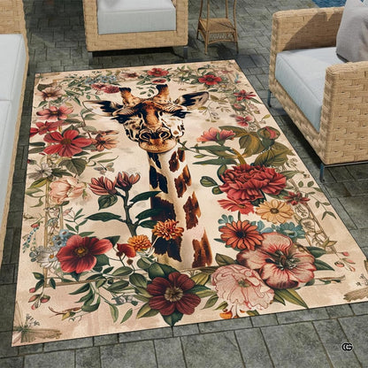 Patio stone lounge with wicker seating featuring the botanical giraffe area rug - thumbnail image 2 of 7
