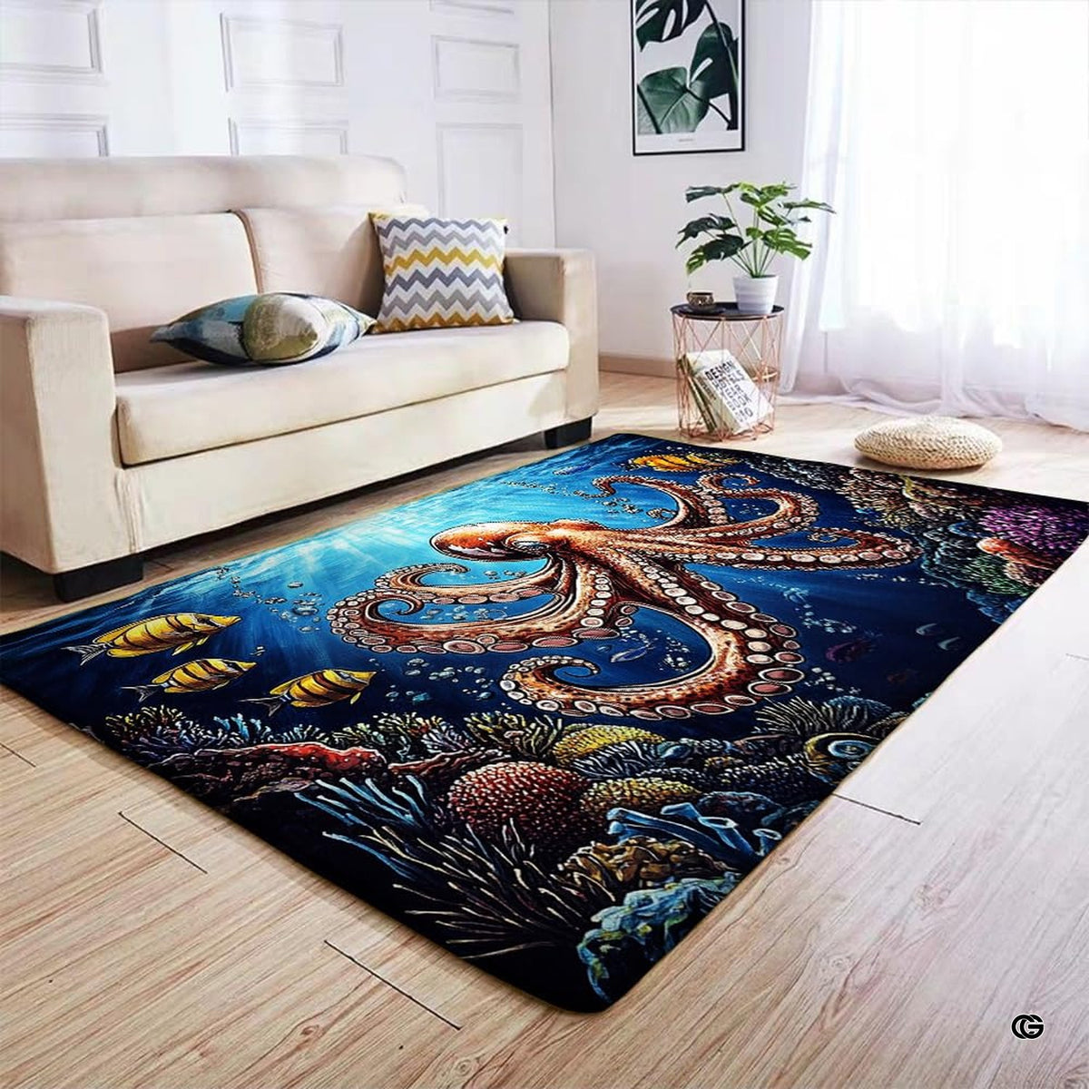 Coral reef octopus area rug displayed beside living room couch and side table.
