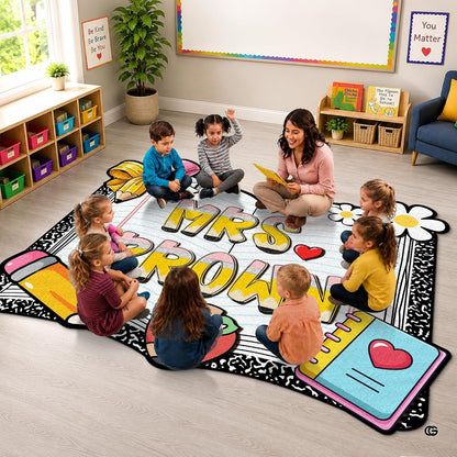 Personalized Composition Notebook Classroom Shaped Rugs for Kids (A05) | Custom Pennant Flag Carpet for Reading Corner, Non-Slip Apple Shape Rug Mat, Classroom Decor, Back To School Gift