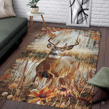 Whitetail buck deer with antlers standing in golden autumn meadow grass and wildflowers on an area rug