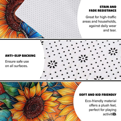 Decorative floor accent showcasing two vibrant sunflowers and flying blue butterflies. - thumbnail image 6 of 7