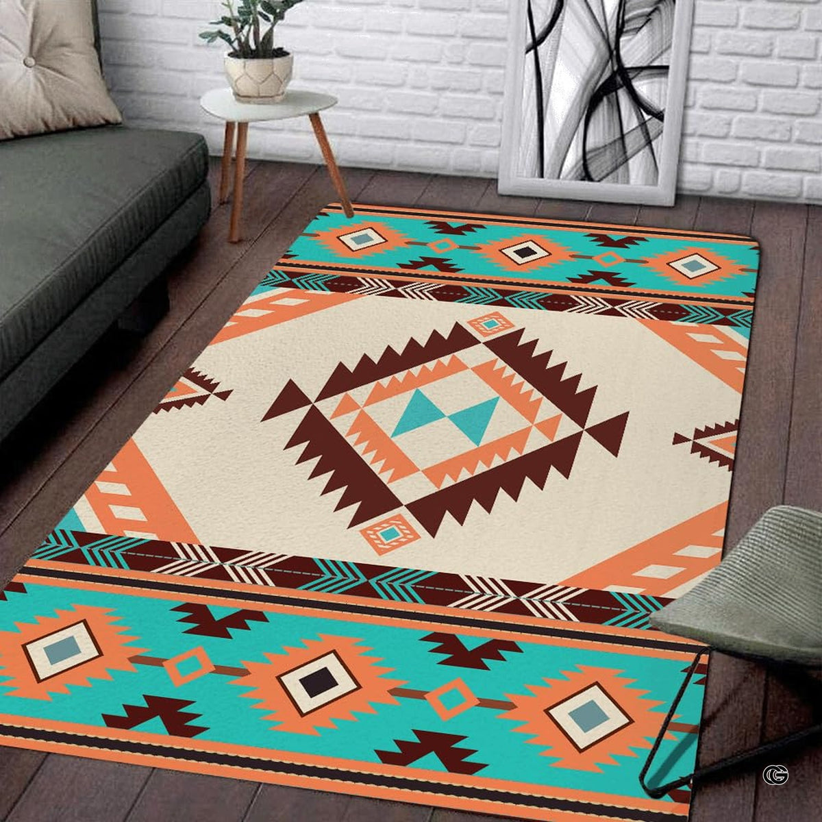 Southwestern tribal area rug with stepped diamond medallion in turquoise, terracotta, and ivory. - image 1 of 7