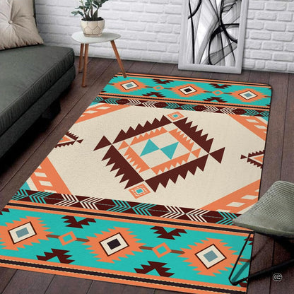 Southwestern tribal area rug with stepped diamond medallion in turquoise, terracotta, and ivory. - thumbnail image 1 of 7