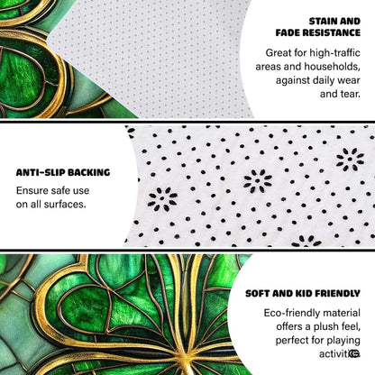 Clover motif stained glass area rug displayed as a centerpiece under living room furniture. - thumbnail image 4 of 9