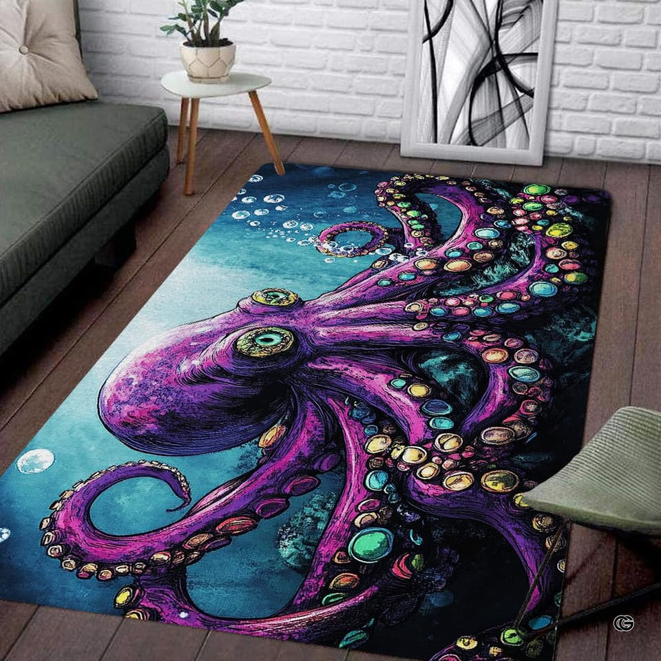 Vivid purple octopus ocean living room area rug with jewel-toned suction cups in turquoise ocean waters