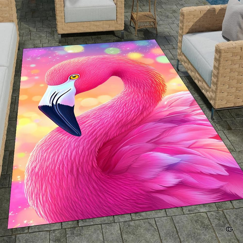 Vibrant pink flamingo portrait rectangular area rug laid on outdoor stone patio flooring with patio chairs.