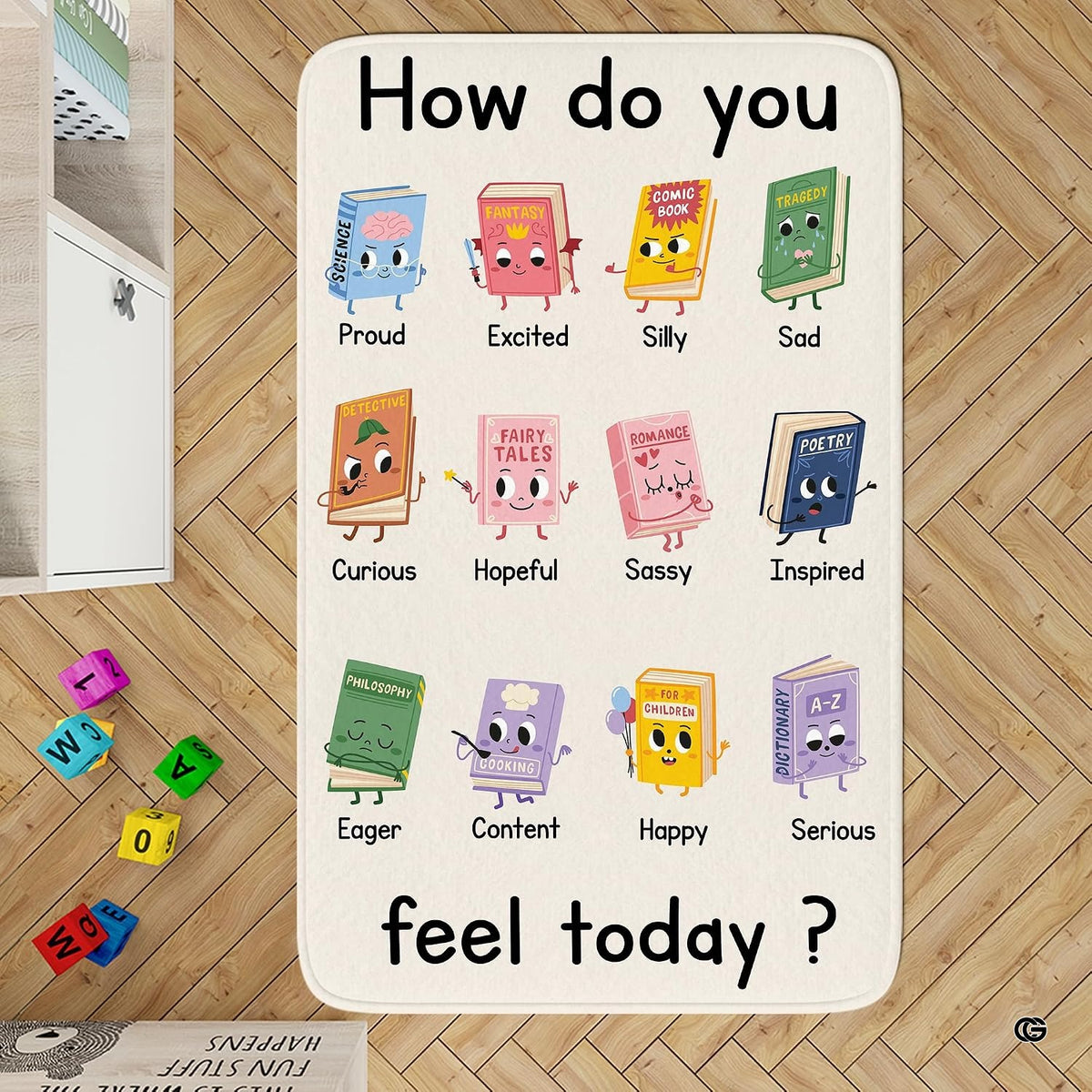 Educational emotions book characters area rug with cream background
