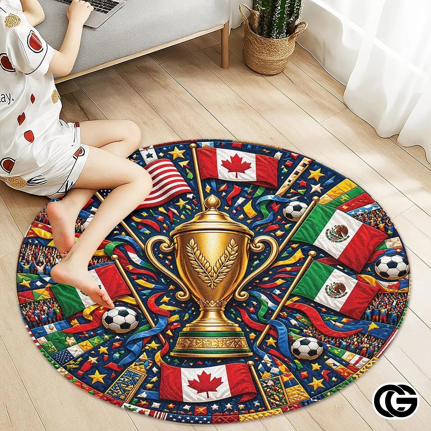 Custom Soccer Tournament Round Rug with Trophy Design - D9