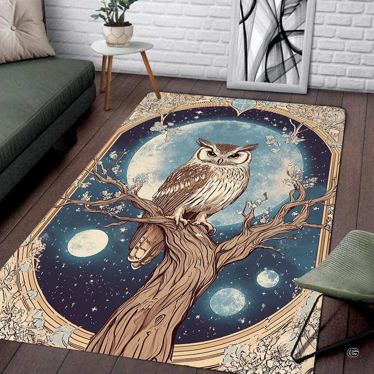 Art Nouveau celestial owl area rug styled in modern patio seating setup