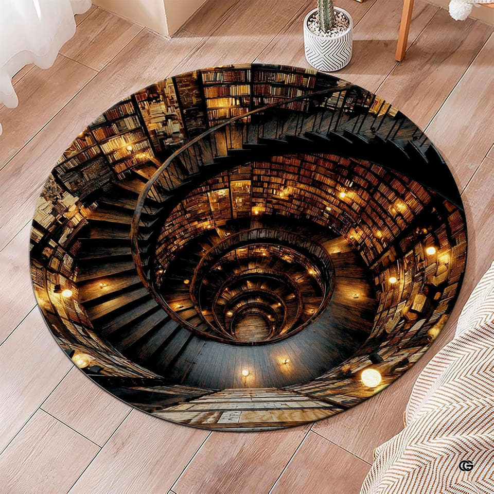 Round spiral library illusion area rug styled on a light wood floor