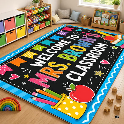 Personalized Teacher Classroom Rug, Custom Back to School Welcome Mat with Name, Kindergarten Preschool Elementary Decor, Composition Notebook Carpet (A12)