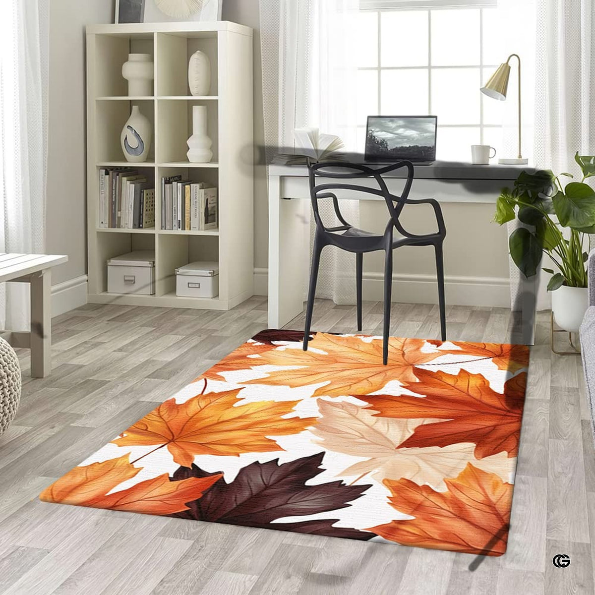 Fireside lounge setting with person relaxing near the seasonal maple leaf area rug - image 5 of 7