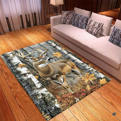 Mockup display showing the autumn deer area rug placed in front of living room furniture - thumbnail image 2 of 5