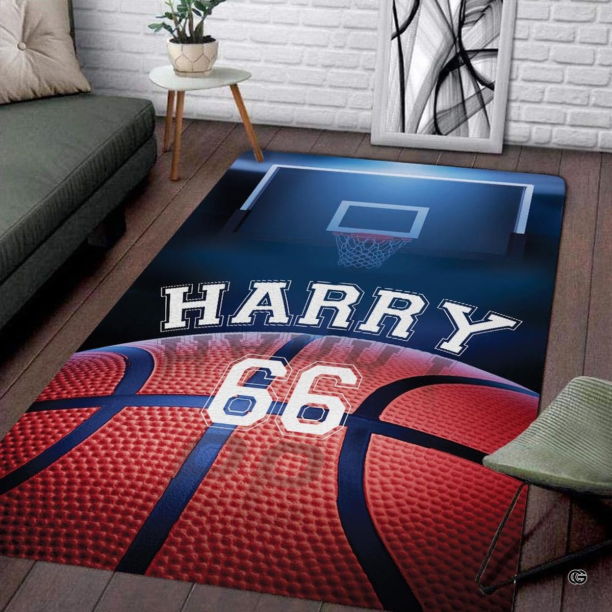 Basketball court sports complex area rug showing illuminated hoop artwork in modern living room