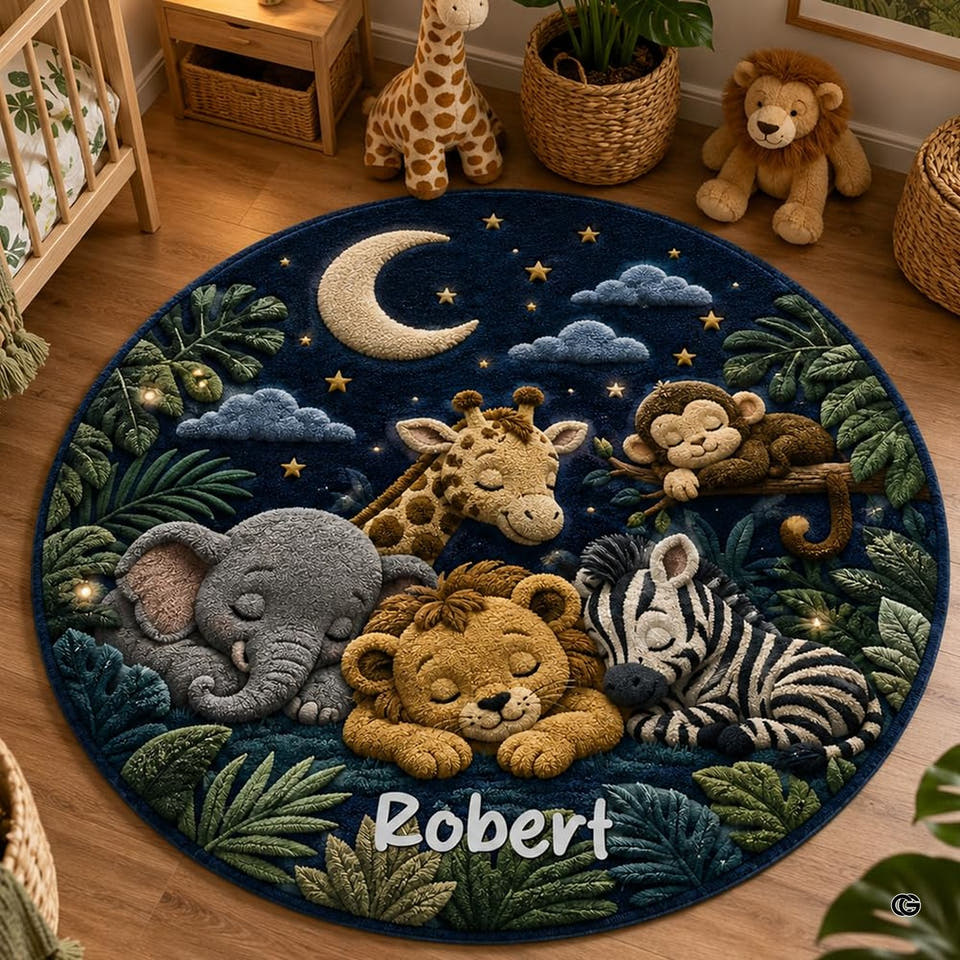 Round kids rug for nursery displaying sleeping jungle animals under a starry crescent moon.